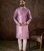 Men lavender silk blend floral printed straight kurta