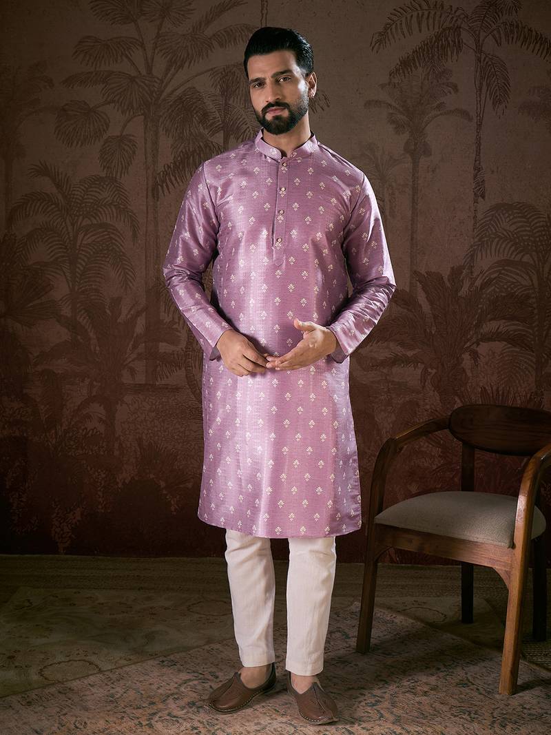 Men lavender silk blend floral printed straight kurta