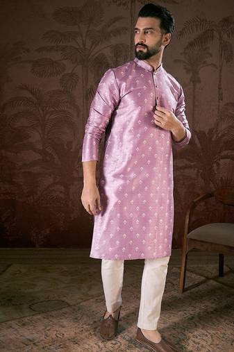 Men lavender silk blend floral printed straight kurta