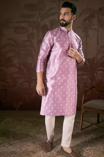 Men lavender silk blend floral printed straight kurta