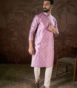 Men lavender silk blend floral printed straight kurta