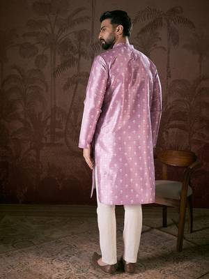 Men lavender silk blend floral printed straight kurta 4