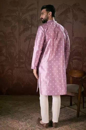 Men lavender silk blend floral printed straight kurta