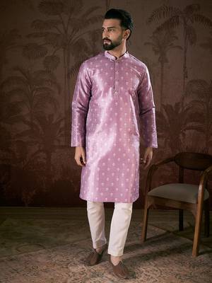 Men lavender silk blend floral printed straight kurta 5