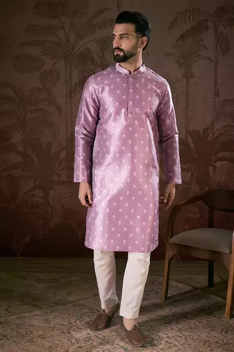 Men lavender silk blend floral printed straight kurta