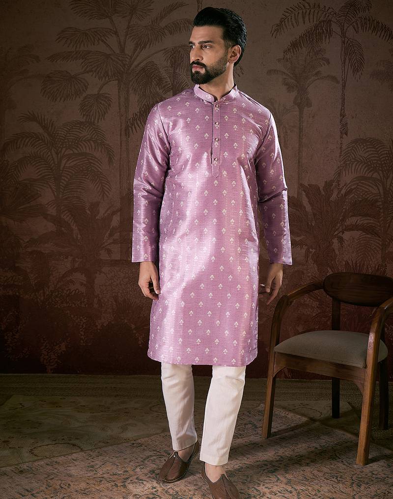 Men lavender silk blend floral printed straight kurta