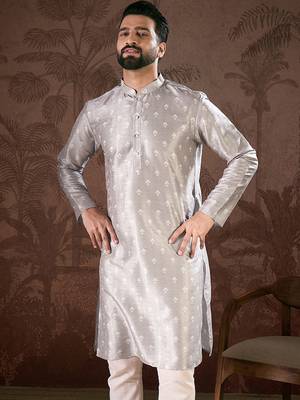 Men grey silk blend floral printed straight kurta 2