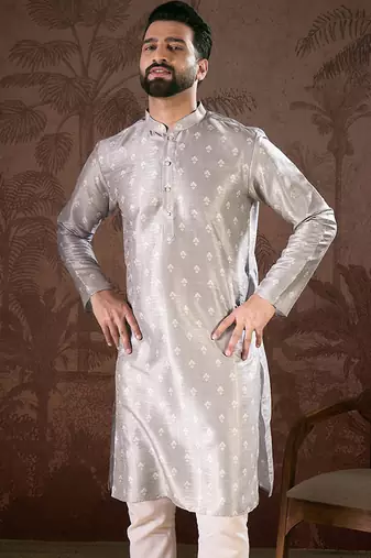 Men grey silk blend floral printed straight kurta