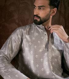 Men grey silk blend floral printed straight kurta