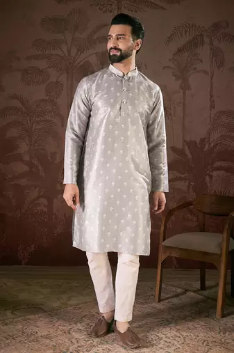 Men grey silk blend floral printed straight kurta