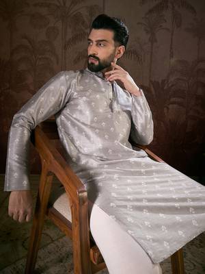 Men grey silk blend floral printed straight kurta 1