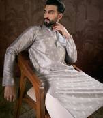 Men grey silk blend floral printed straight kurta