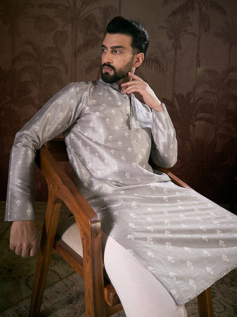 Men grey silk blend floral printed straight kurta