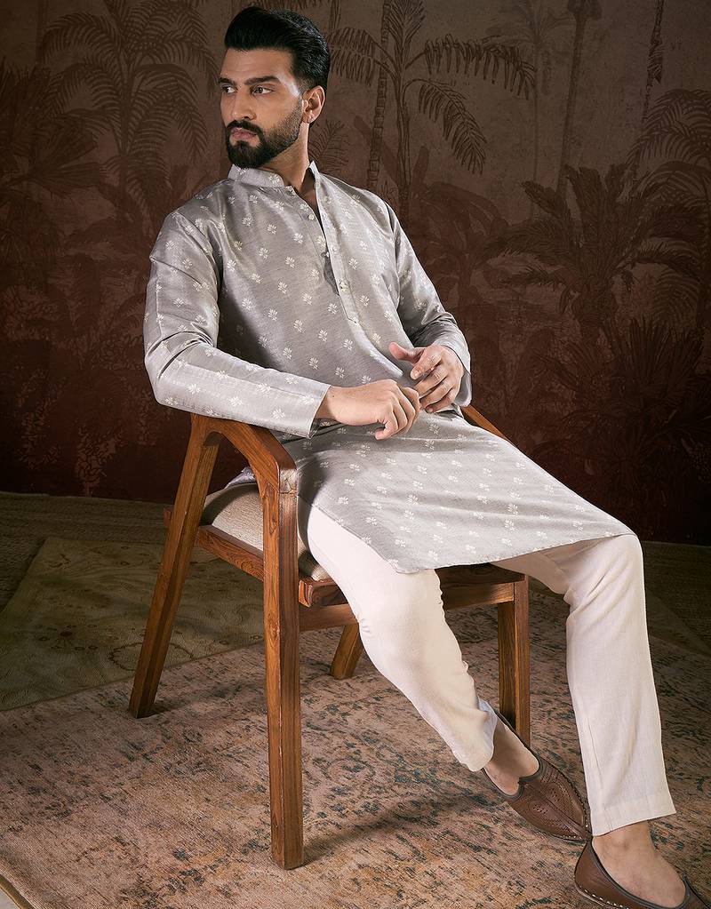 Men grey silk blend floral printed straight kurta