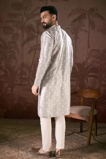 Men grey silk blend floral printed straight kurta