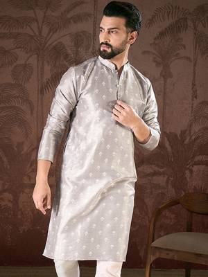 Men grey silk blend floral printed straight kurta 5