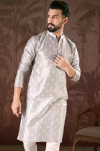 Men grey silk blend floral printed straight kurta