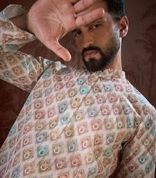 Men white silk blend ethnic motifs printed straight kurta