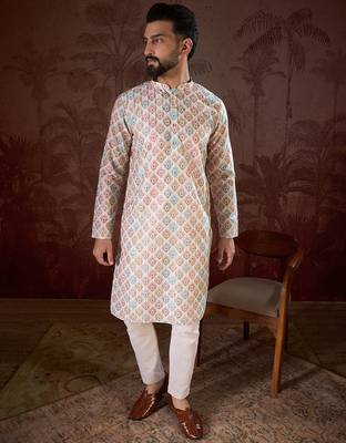 Men white silk blend ethnic motifs printed straight kurta 1