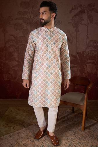 Men white silk blend ethnic motifs printed straight kurta