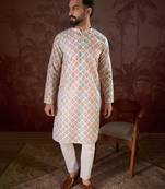 Men white silk blend ethnic motifs printed straight kurta