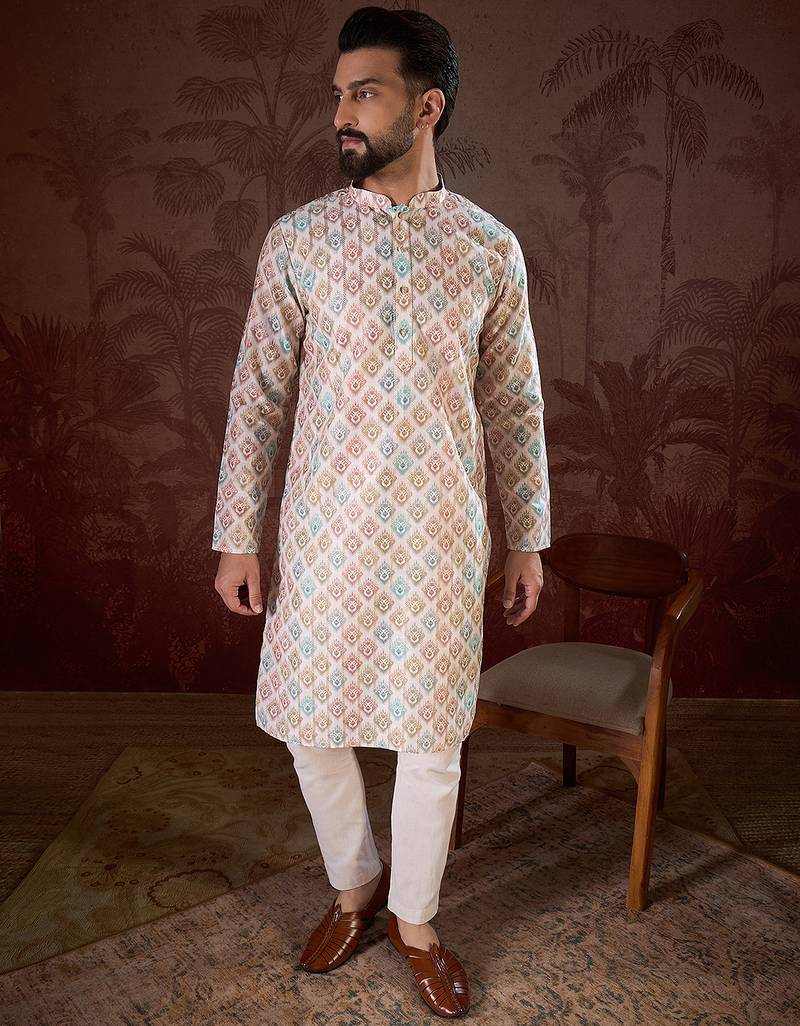 Men white silk blend ethnic motifs printed straight kurta
