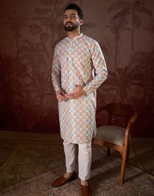Men white silk blend ethnic motifs printed straight kurta 3
