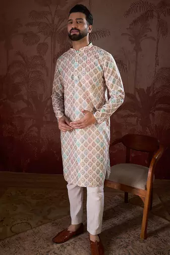 Men white silk blend ethnic motifs printed straight kurta