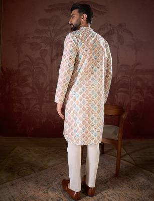 Men white silk blend ethnic motifs printed straight kurta 4