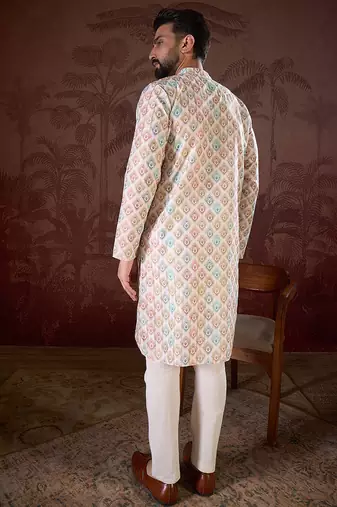 Men white silk blend ethnic motifs printed straight kurta