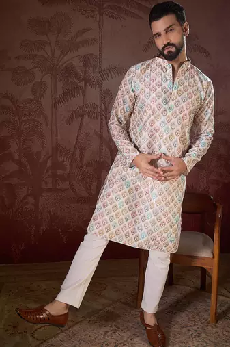 Men white silk blend ethnic motifs printed straight kurta