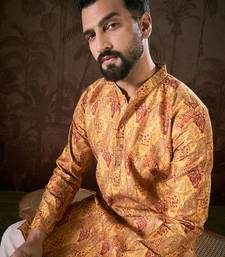 Men mustard silk blend ethnic motifs printed straight kurta