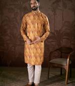 Men mustard silk blend ethnic motifs printed straight kurta