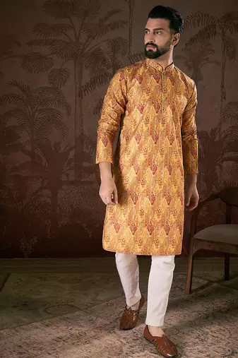 Men mustard silk blend ethnic motifs printed straight kurta