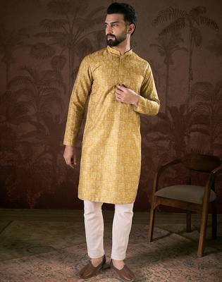 Men mustard silk blend ethnic motifs printed straight kurta 1