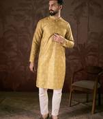 Men mustard silk blend ethnic motifs printed straight kurta