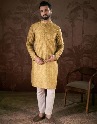 Men mustard silk blend ethnic motifs printed straight kurta 5