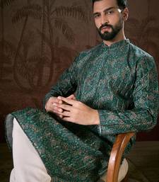 Men sea green silk blend ethnic motifs printed straight kurta