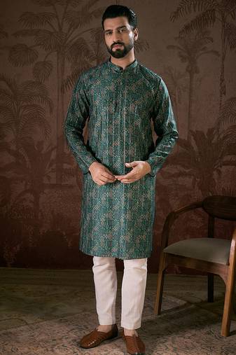 Men sea green silk blend ethnic motifs printed straight kurta