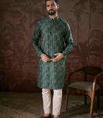 Men sea green silk blend ethnic motifs printed straight kurta