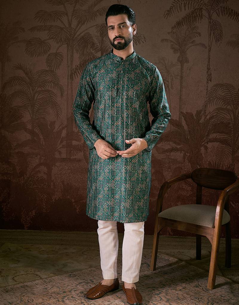 Men sea green silk blend ethnic motifs printed straight kurta
