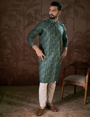 Men sea green silk blend ethnic motifs printed straight kurta 3