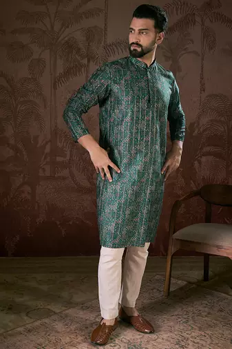 Men sea green silk blend ethnic motifs printed straight kurta