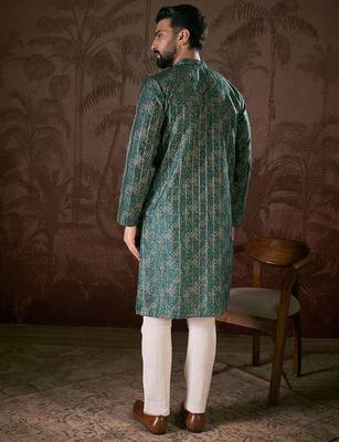 Men sea green silk blend ethnic motifs printed straight kurta 4
