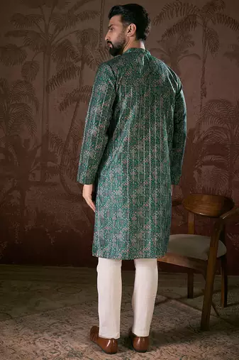 Men sea green silk blend ethnic motifs printed straight kurta