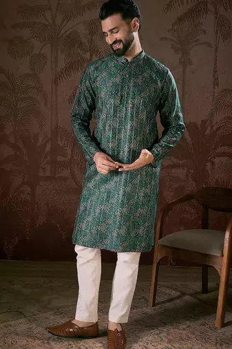 Men sea green silk blend ethnic motifs printed straight kurta