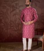 Men pink silk blend ethnic motifs printed straight kurta