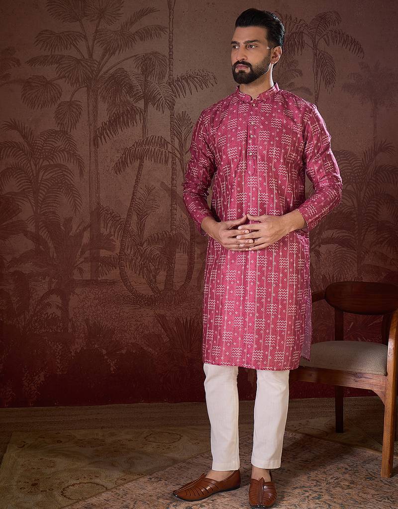Men pink silk blend ethnic motifs printed straight kurta