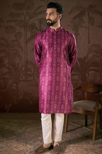 Men purple silk blend floral printed straight kurta