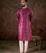 Men purple silk blend floral printed straight kurta